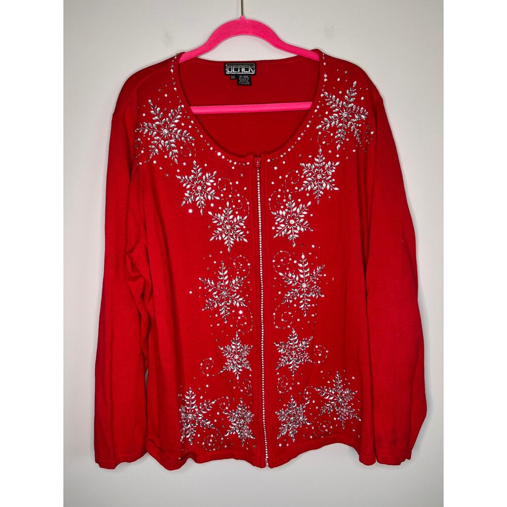 2000s Berek Red Silver Sparkle Snowflakes Glam Christmas Full Zip Cardigan 3XL